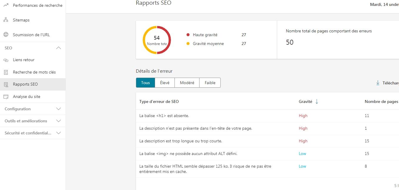 Bing pour les webmaster rapport SEO