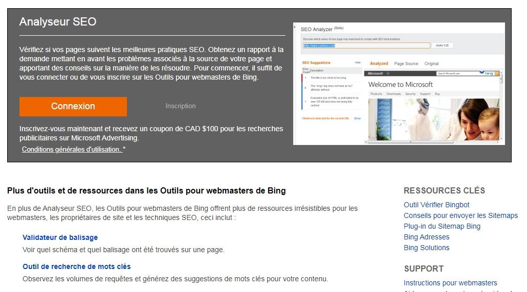 outils et de ressources dans les Outils pour webmasters de Bing